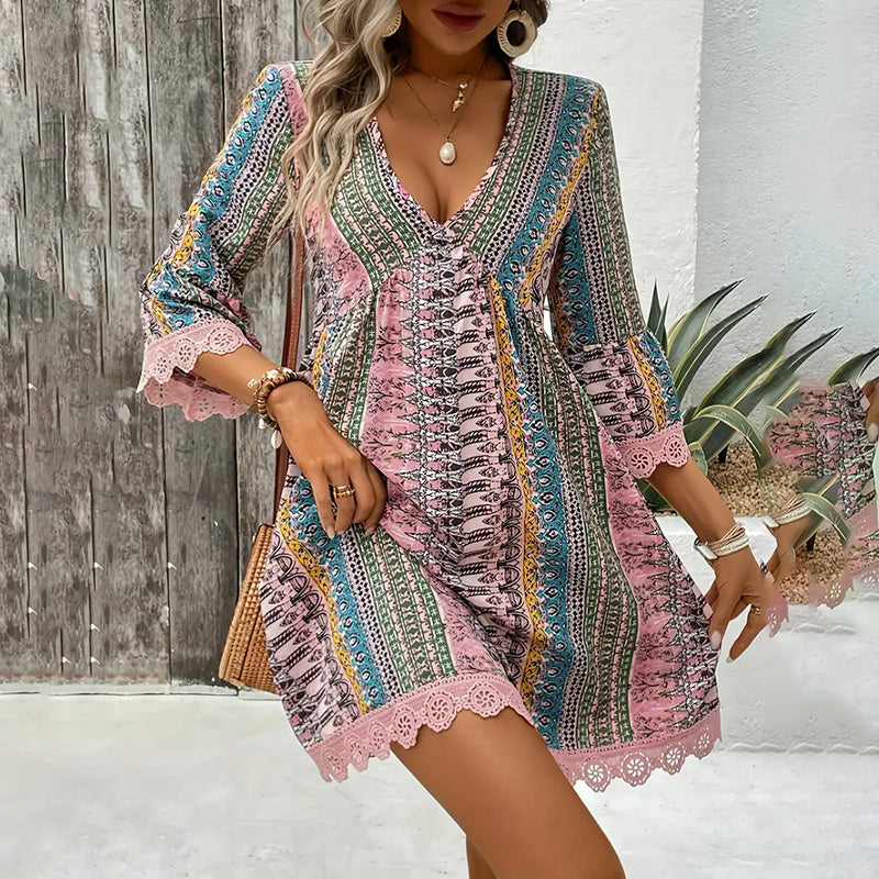 Casual Amerikaanse Boho-Chic met V-hals en Rand van Kant voor Dames & Plus-size