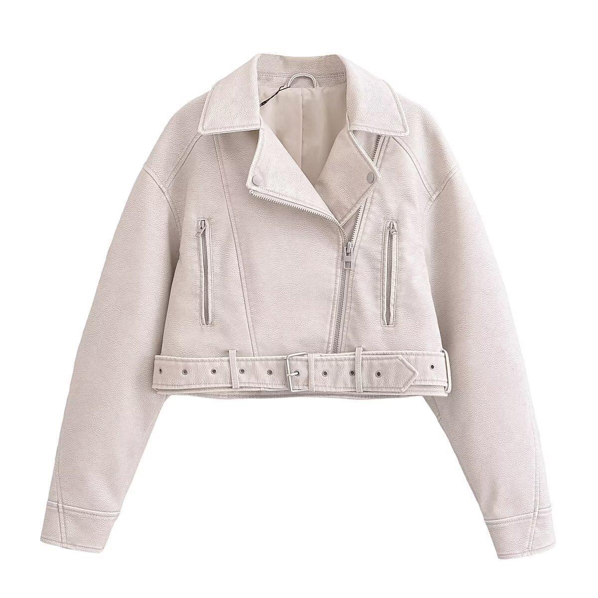 Street Hipster Fashion Washed Motorjacket van PU-Leer in Effen Kleur met Rits en Riemsluiting voor Dames