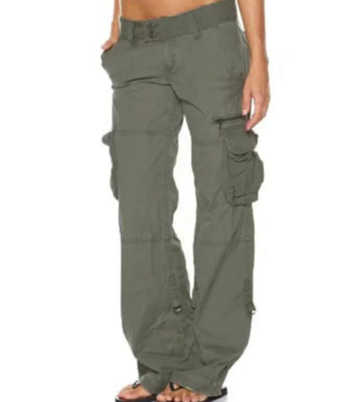 Modieuze Casual Effen Kleur Oversized Multi Pocket Rechte Cargo Broek met Knoopsluiting voor Dames/Plus-size & Meiden