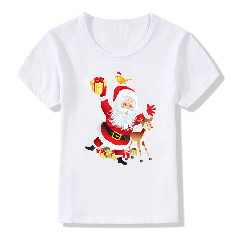 Amerikaanse Kerstmis Casual Bedrukte Schattige Cartoon Kerst T-shirt met Ronde Hals en Korte Mouwen voor Kinderen