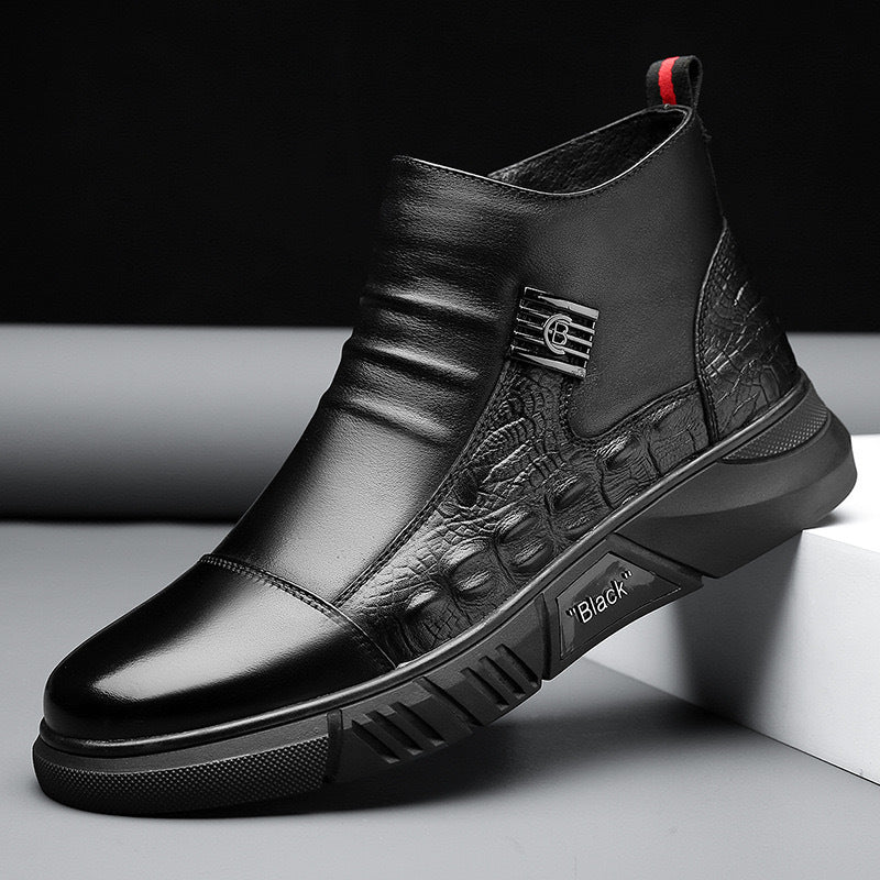 Trendy Casual Effen Kleur Britse Stijl Chelsea Boots van Echt Leer met Fleecevoering en Ronde Neus voor Heren