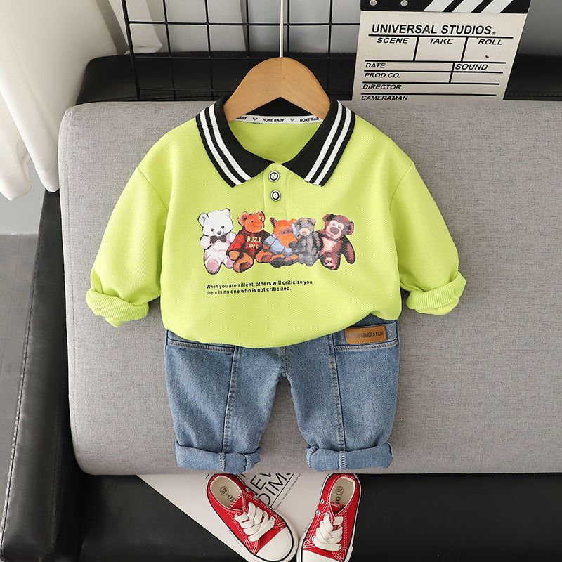 2-delige Kinderoutfit Sweatshirt met Bedrukte Cartoon & Jeans voor Peuters/ Kinderen