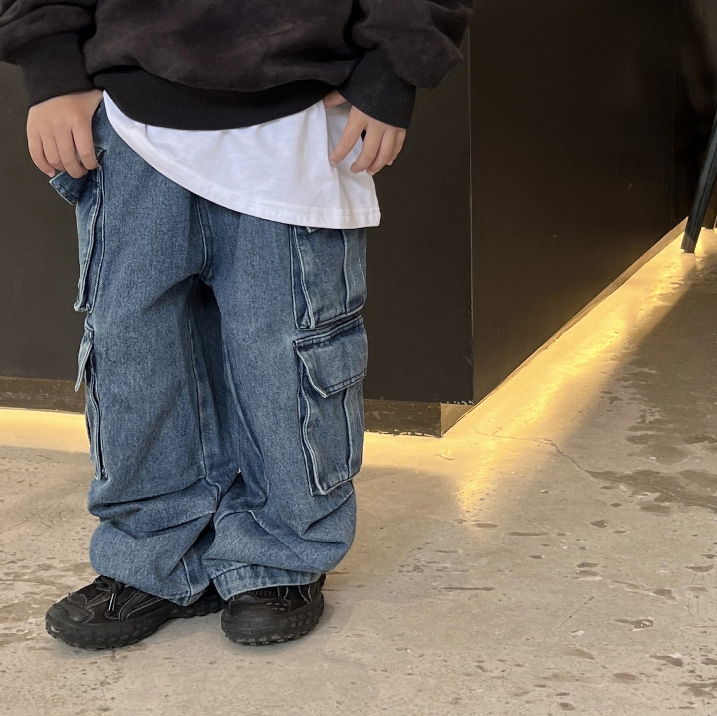 Stijlvolle Casual Effen Kleur Multi-pocket Cargo Spijkerbroek voor Kinderen