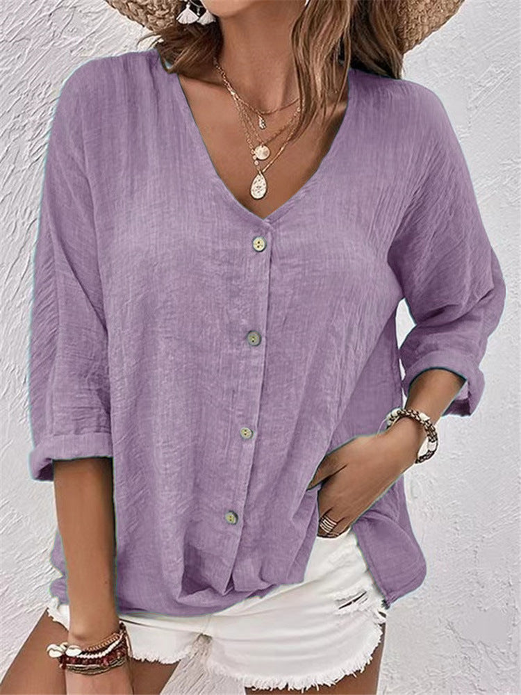 Casual Oversized Effen Kleur V-hals Blouse met Lange Mouwen en Knoopsluiting voor Dames & Plus-size