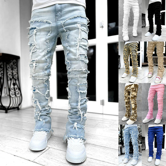 Modieuze Unieke Designer Eenvoudige Effen Kleur Staked Distressed Ripped Skinny Jeans met Patchwork voor Heren & Jongens