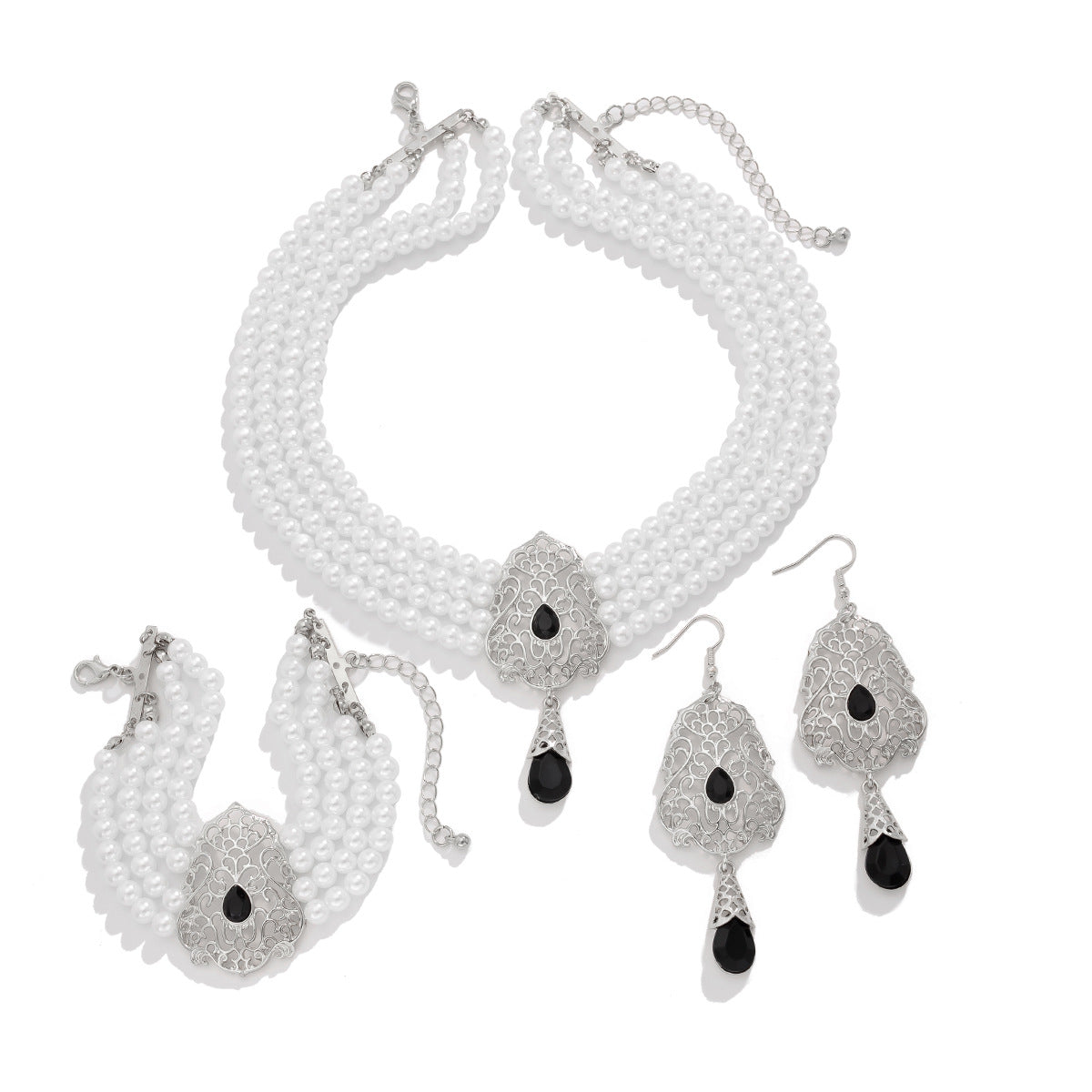 Stijlvolle Luxe Sieradenset Lichtgewicht Retro Geometrische Imitatieparels Halsketting Armband & Oorbellen met Edelstenen Strass-steentjes en Verstelbare Sluiting voor Dames