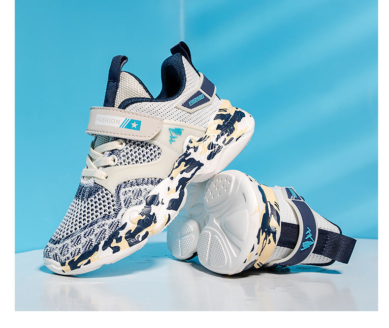 Trendy Casual Holle Vliegende Gebreide Mesh Sneakers met Camouflagepatroon en Klittenband voor Teenager