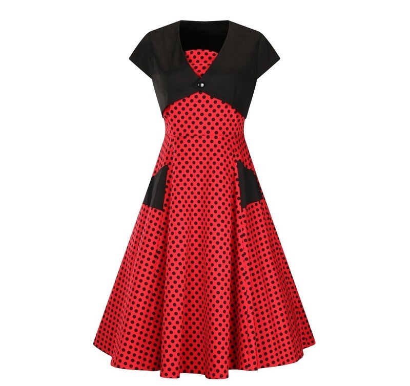 Hepburn Style Casual Vintage Rode Jurk met Korte Mouwen en Stippen-patroon voor Dames & Plus-size