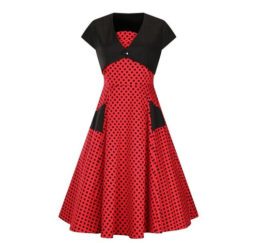 Hepburn Style Casual Vintage Rode Jurk met Korte Mouwen en Stippen-patroon voor Dames & Plus-size