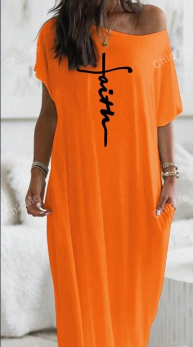 Casual Oversized Off-shoulder Halslijn Maxi-jurk met Letterprint voor Dames & Plus-size