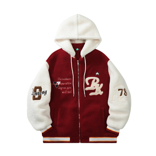 Casual Varsity-Jacket van Lamswol met Capuchon en Geborduurde Letters voor Heren