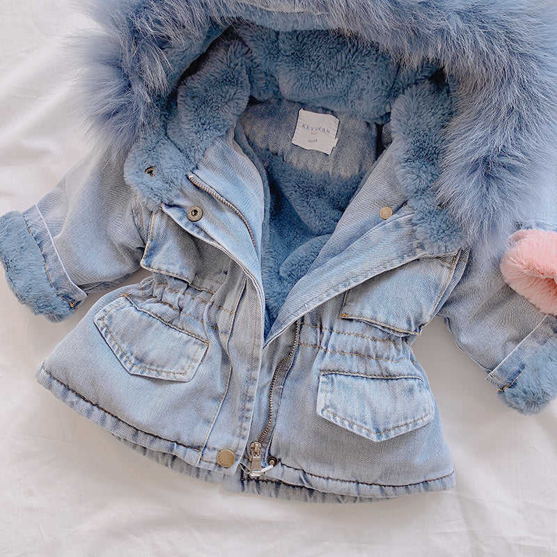 Trendy Fluwelen Spijkerjacket met Bontkraag Capuchon en Ritssluiting voor Baby's & Peuters