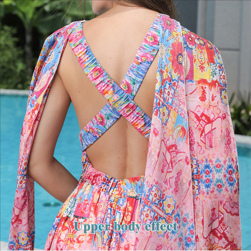 Elegante Mouwloze Bloemenprint Boho Maxi-jurk met Kruisbandjes voor Dames & Plus-size