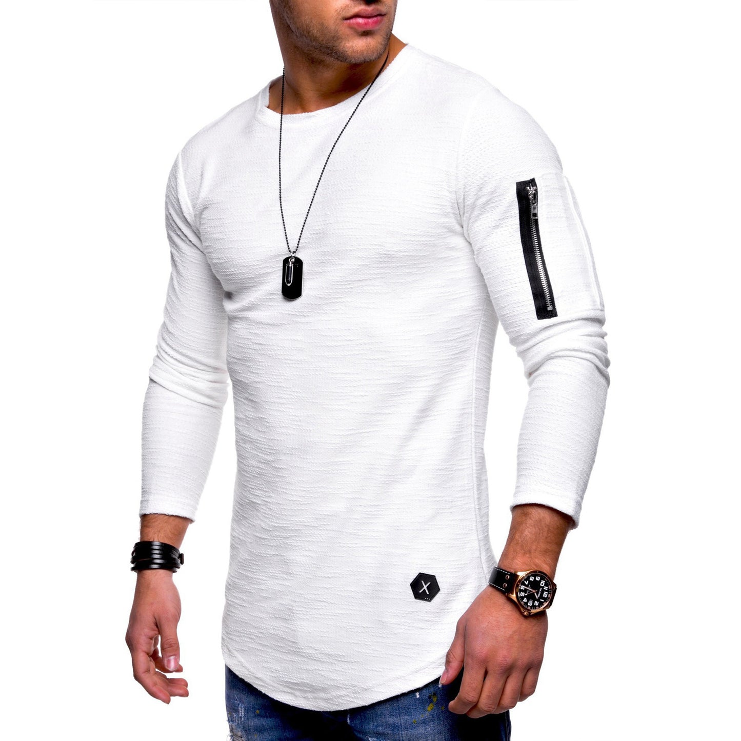 Amerikaanse Casual Effen Kleur Slim-Fit Longsleeve T-shirt met Ronde Hals en Ritsvak voor Heren