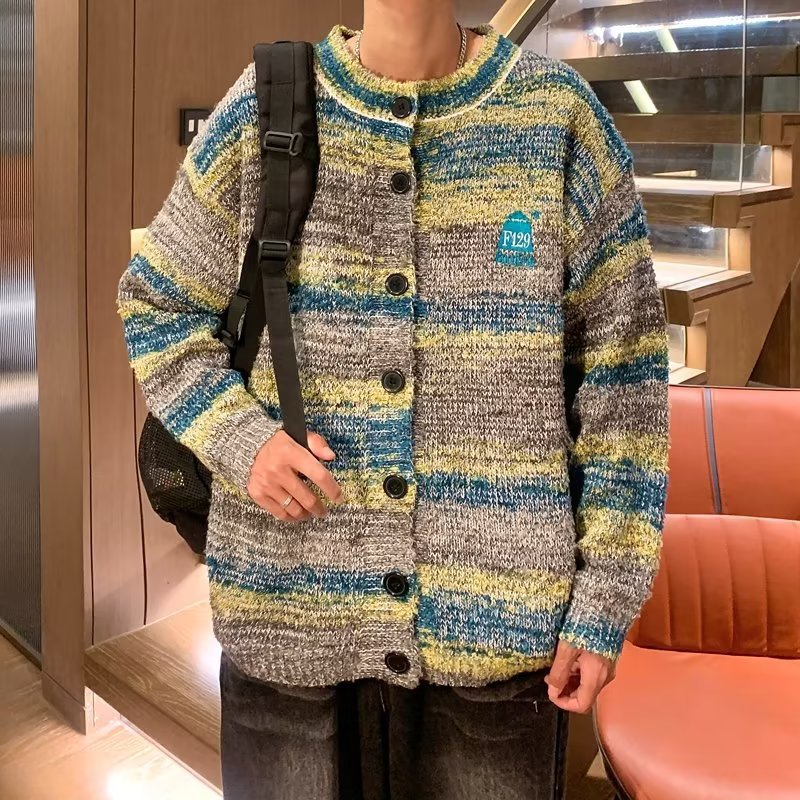 Retro Style Losse Trui-Cardigan met Contrast voor Heren