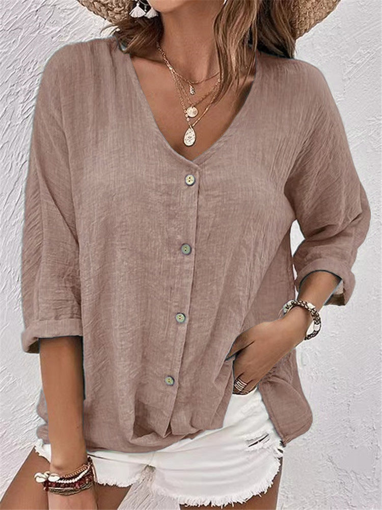 Casual Oversized Effen Kleur V-hals Blouse met Lange Mouwen en Knoopsluiting voor Dames & Plus-size
