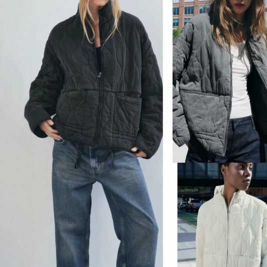 Amerikaanse en Europese Retro Stijl Casual Losse Gewatteerde Winterjas met Staande Kraag en Geborduurd patroon voor Dames