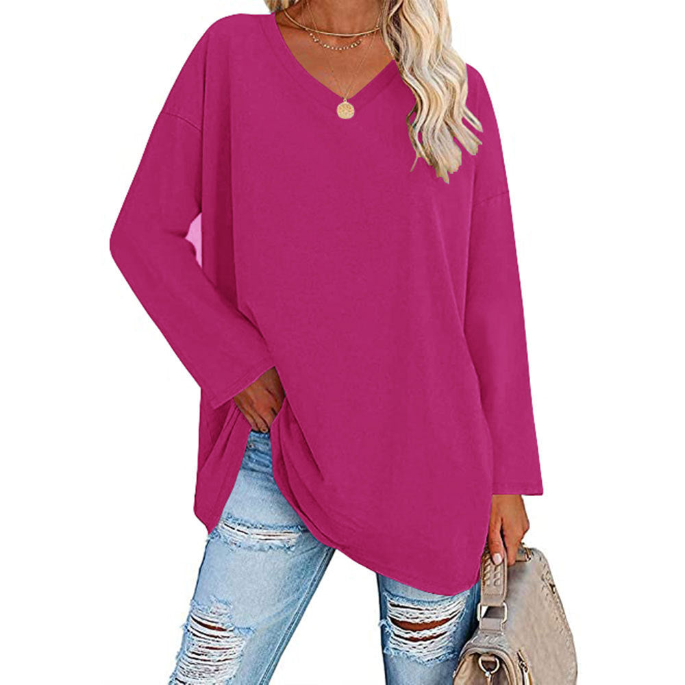 Casual V-hals Effen kleur Oversized Lange Mouw Shirt voor Dames & Plus-size