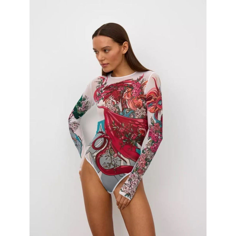 Europese Elegante ééndelig Effen Kleur Strand Bodysuit/ Badpak met All-Over Bedrukking en Lange Mouwen