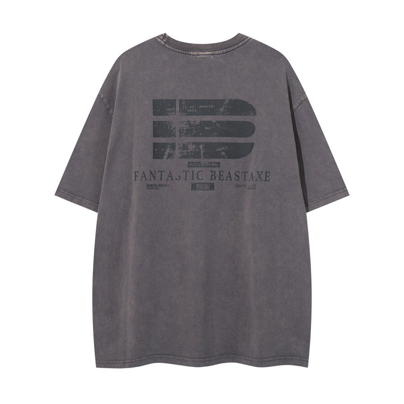 Trendy Klassieke Effen Kleur Oversized Casual Vintage Washed Letterprint T-shirt met Ronde Hals en Korte Mouwen voor Heren