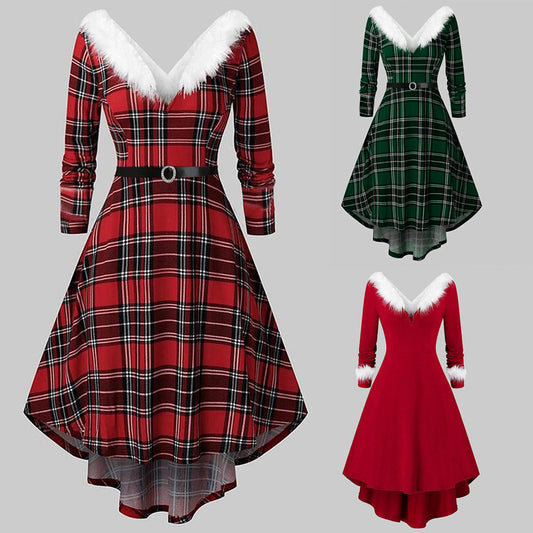 Kerstmis Elegante Artistieke Retro V-hals Kerstjurk met Imitatie Bont Patchwork en Lange Mouwen voor Dames & Plus-size