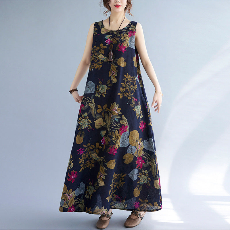 Casual Vintage Mouwloze Linnen Oversized Maxi-jurk met All-Over Bloemenprint en Ronde Hals voor Dames & Plus-size