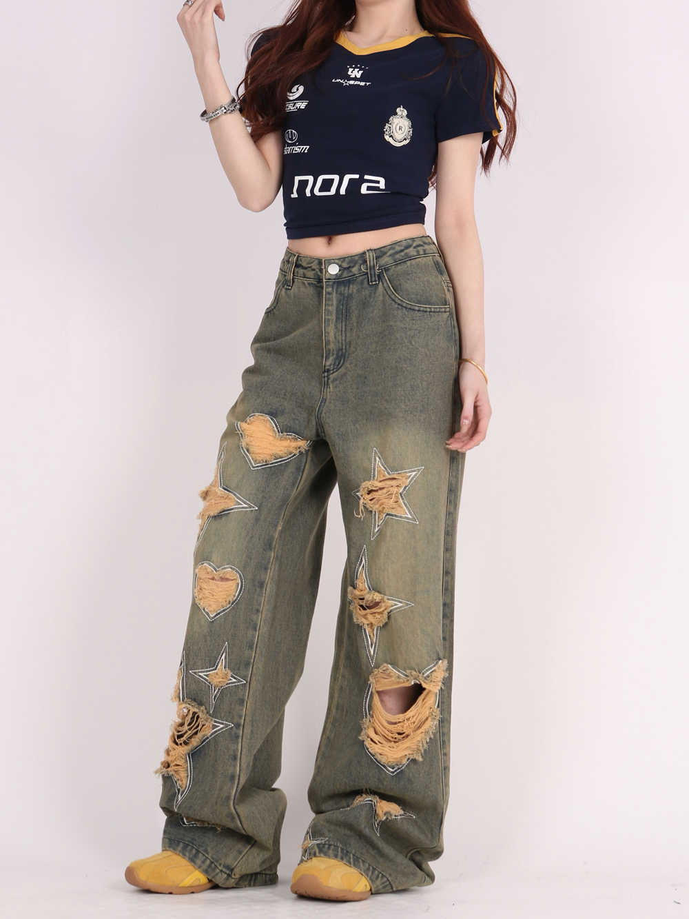 Retro Ripped Jeans met Wijde Pijpen voor Dames & Meisjes