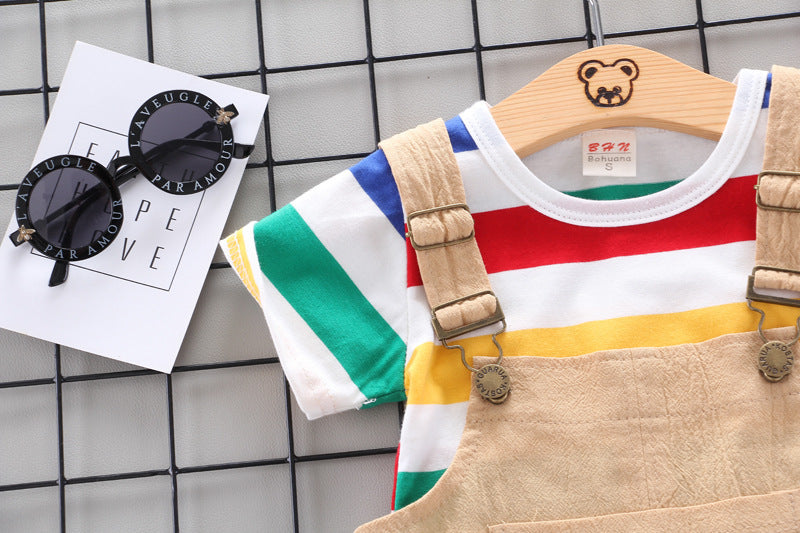 Trendy 2-delige Set Regenboog T-shirt met Korte Mouwen & Bibbroek voor Baby's/ Peuters