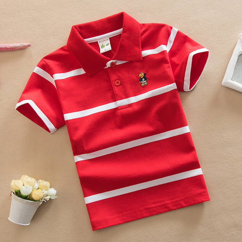 Casual Gestreepte Korte Mouw Poloshirt met Knoopsluiting en Geboduurde Cartoon voor Kinderen