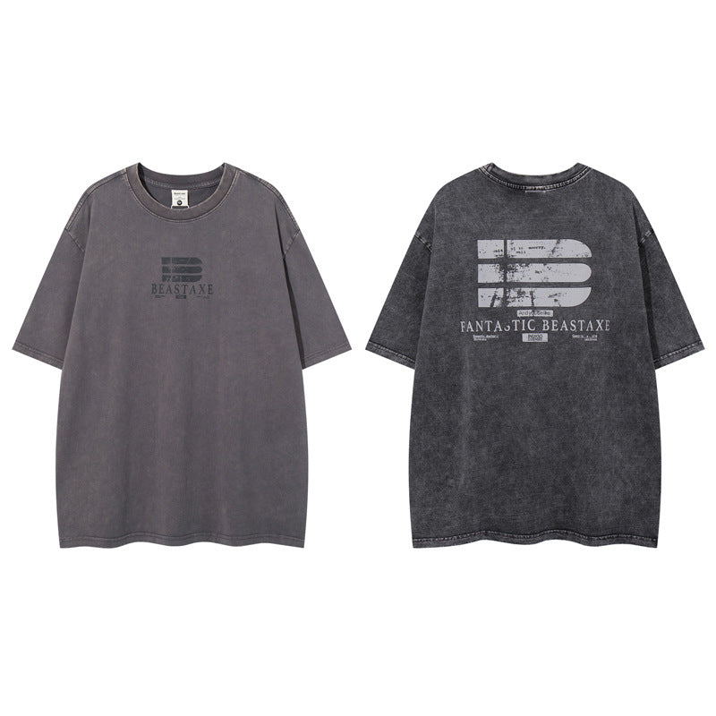 Trendy Klassieke Effen Kleur Oversized Casual Vintage Washed Letterprint T-shirt met Ronde Hals en Korte Mouwen voor Heren