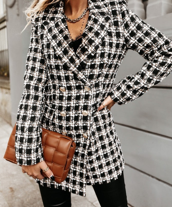 Vintage Formeel Geruite Blazer-jas van Wol met Knoopsluiting voor Dames & Plus-size