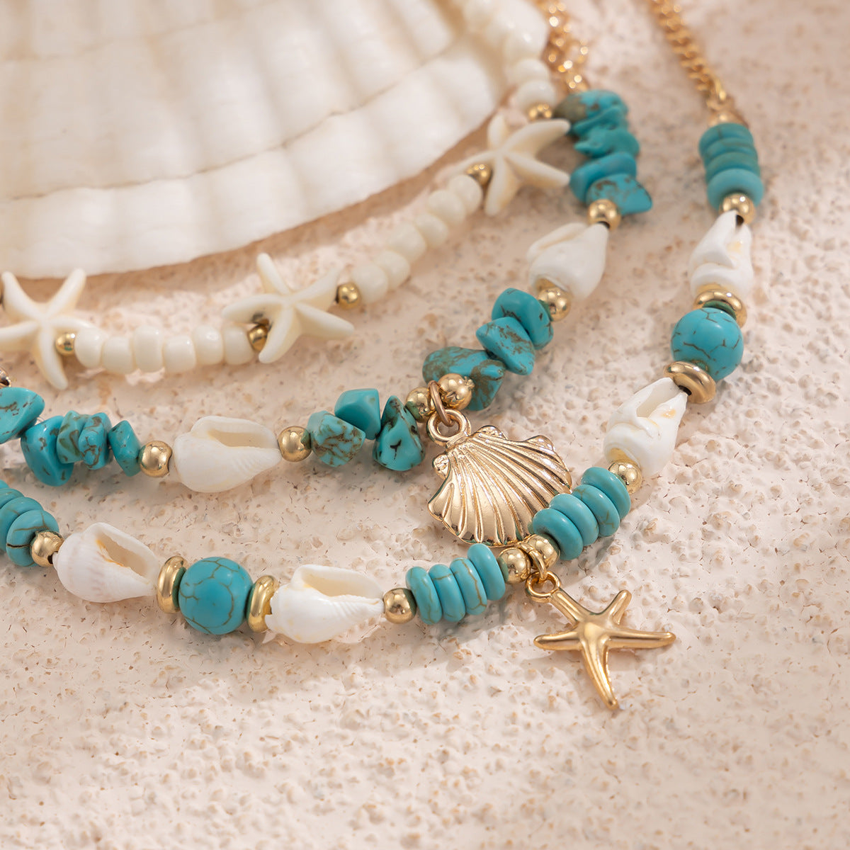 Eenvoudige Strandstijl Elegante Meerlaagse Turquoise Enkelbanden Set met Zeestervormige Rijstkralen voor Dames