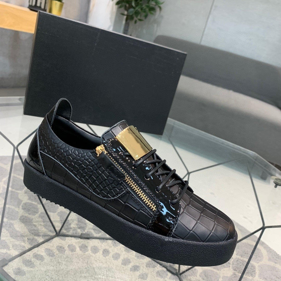 Europese Casual Comfortabele Effen Kleur Low-Top Sneakers van Echt Leer met Krokodillenpatroon en Ritssluiting voor Heren