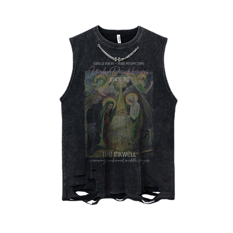 Stijlvolle Klassieke Effen Kleur Mouwloze Casual Vintage Washed Tanktop met Ronde Hals en Cartoon Print voor Heren & Jongens