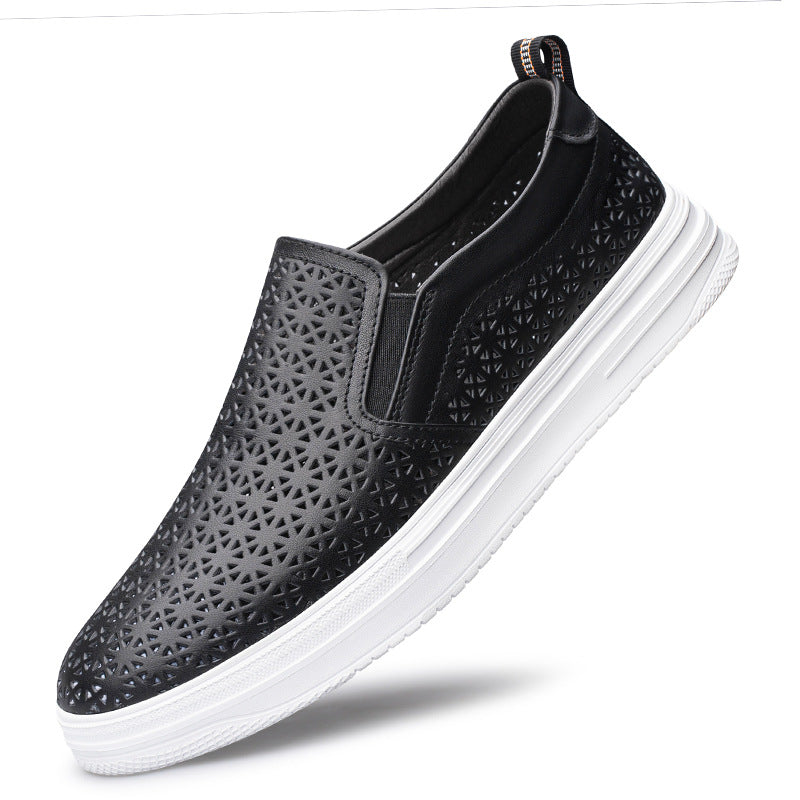 Eenvoudige Comfortabel Ademende Casual Effen Kleur Slip-On Boardschoenen van Echt Leer met Ronde Neus en Dikke Platformzool voor Heren & Jongens