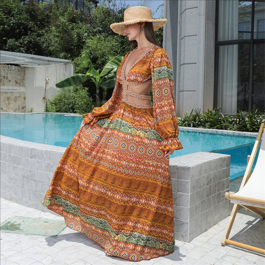 Elegante Vintage Bloemenprint Boho Maxi-jurk met V-hals en Lange Pofmouwen voor Dames & Plus-size