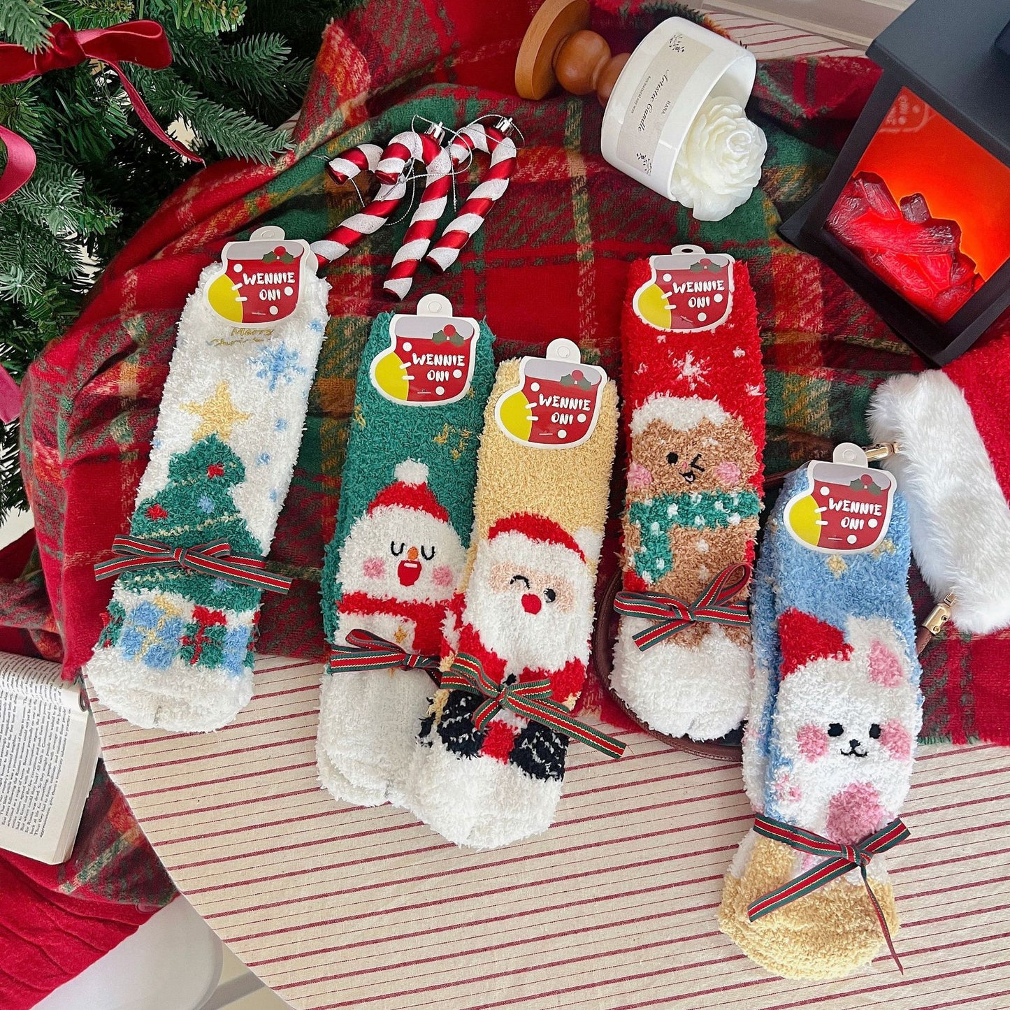 Kerstmis Schattige Thermische Fleece Kerstsokken met Kerstpatroon voor Binnenshuis voor Dames