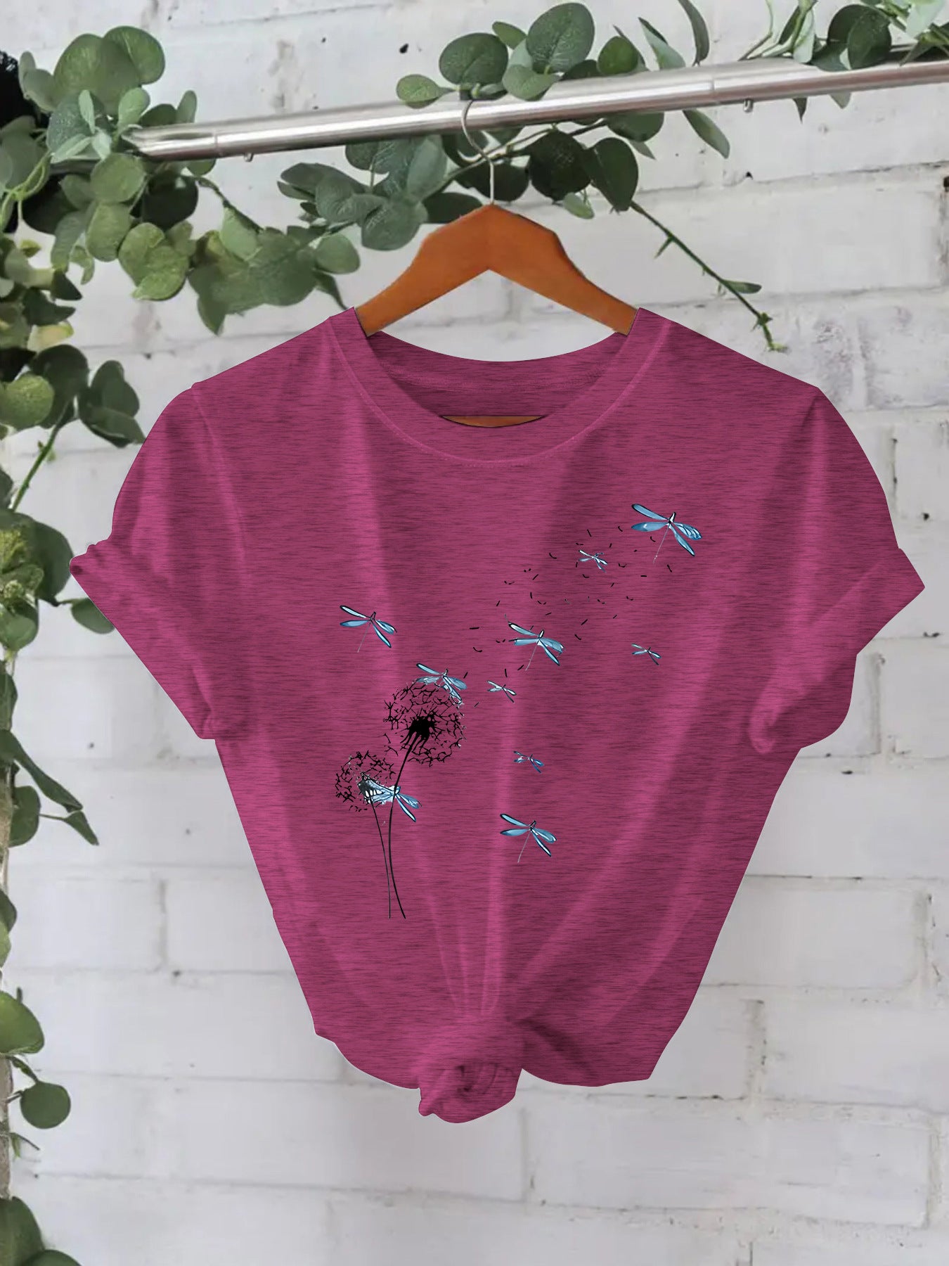 Stijlvolle Basic Streetwear Effen Kleur Casual Ronde Hals T-shirt met Paardenbloemmotief en Korte Mouwen voor Dames & Plus-Size