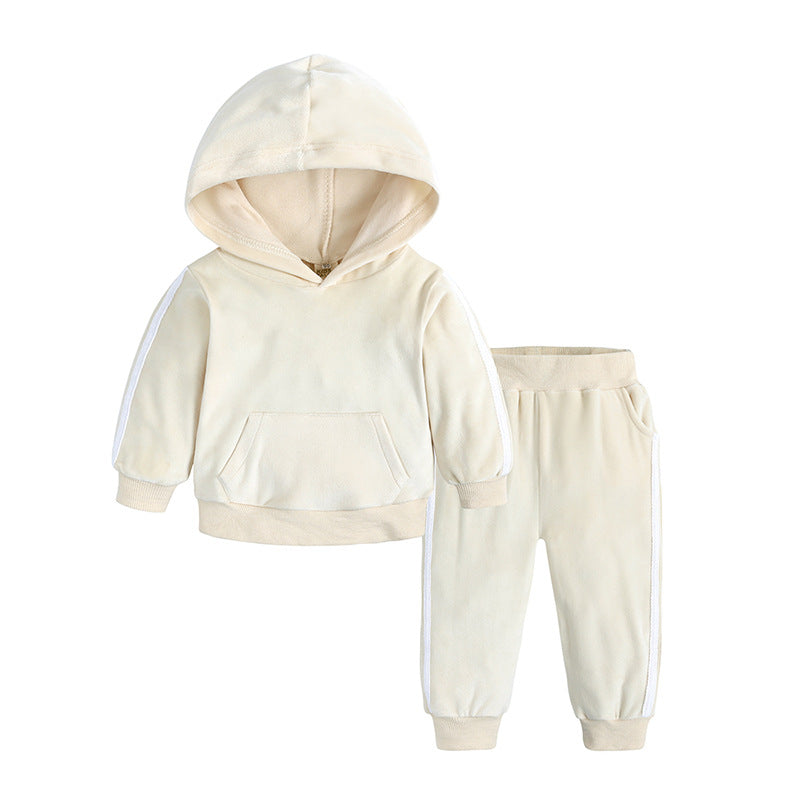 Sportieve Kinderset Casual Effen Kleur Hoodie en Bijpassende Joggingbroek van Fluweel met Gestreepte Patroon en Buidelzak voor Kinderen