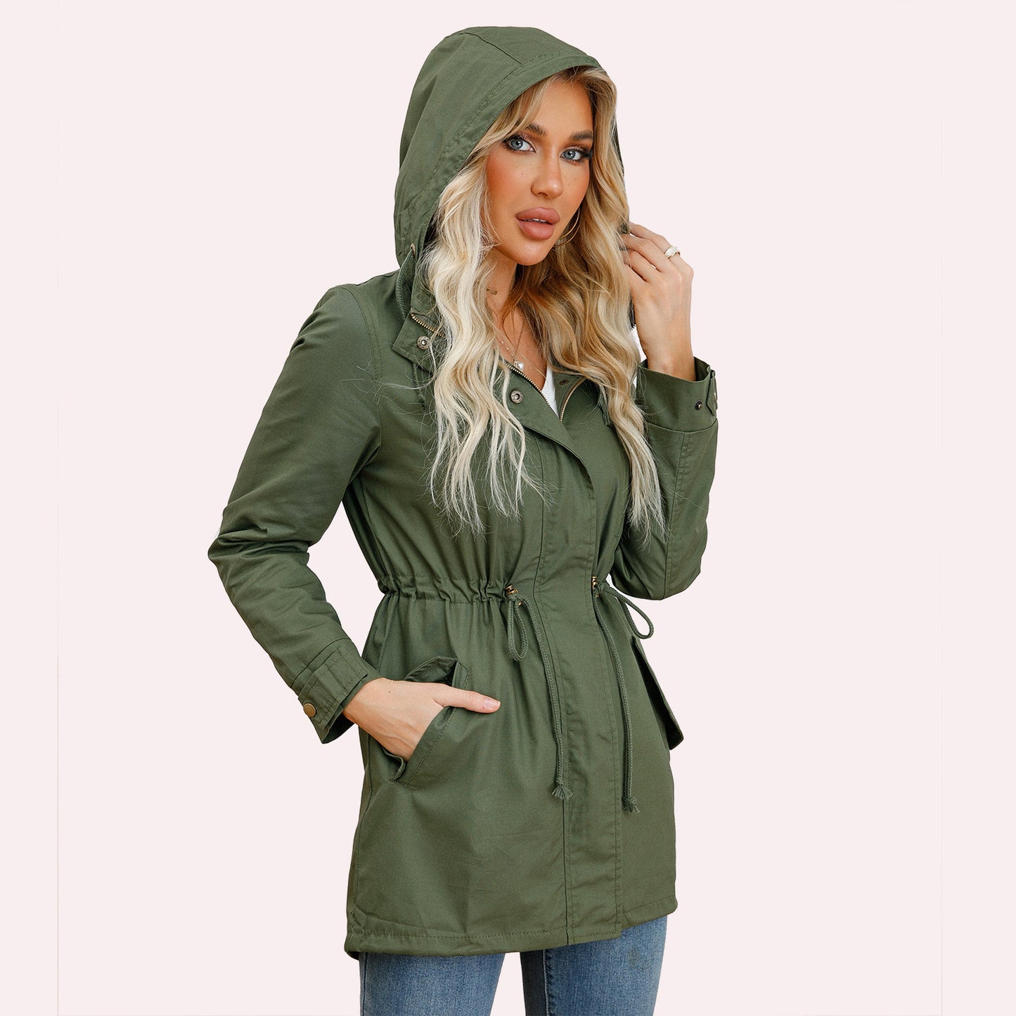 Stijlvolle Casual katoenen Anorak in Effen Kleur met Capuchon en Ritssluiting voor Dames & Plus-size