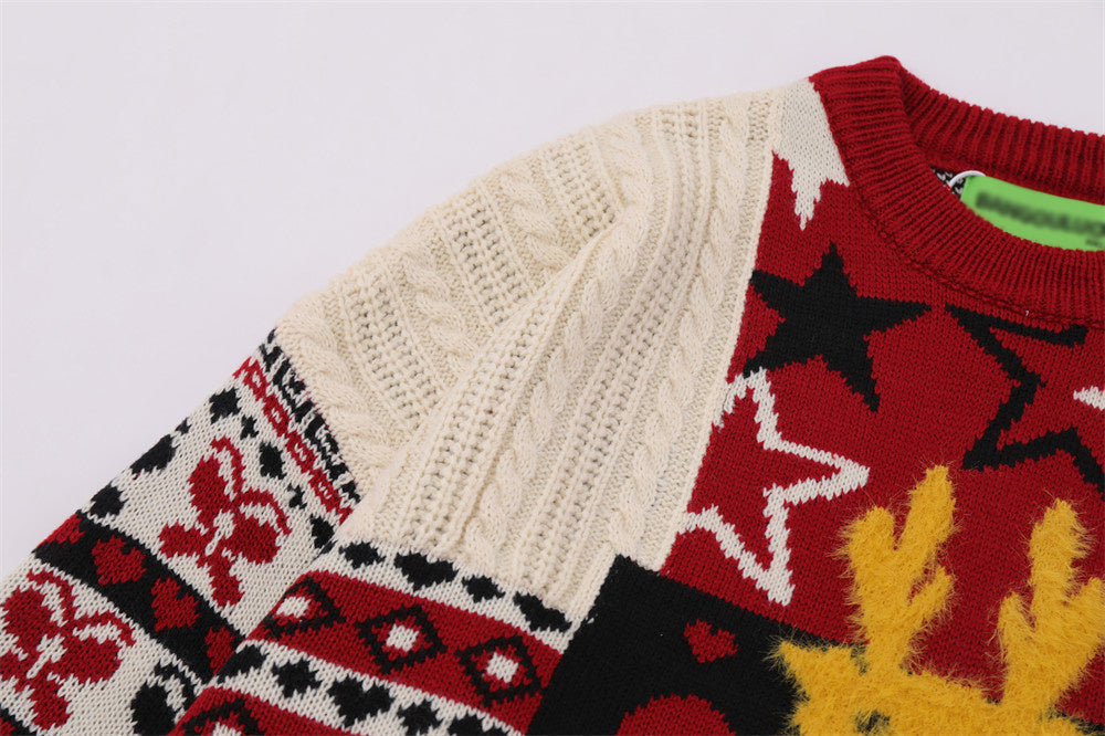 Kerstmis Casual Contrasterende Kleur Gebreide Ronde Hasl Kerst Trui met Jacquardmotief voor Heren