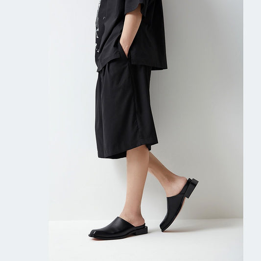 Modieuze Effen Kleur Casual Veelzijdige Slippers van Rundleer met Vierkante Neus en Open Achterkant met Lage Blokhak voor Heren