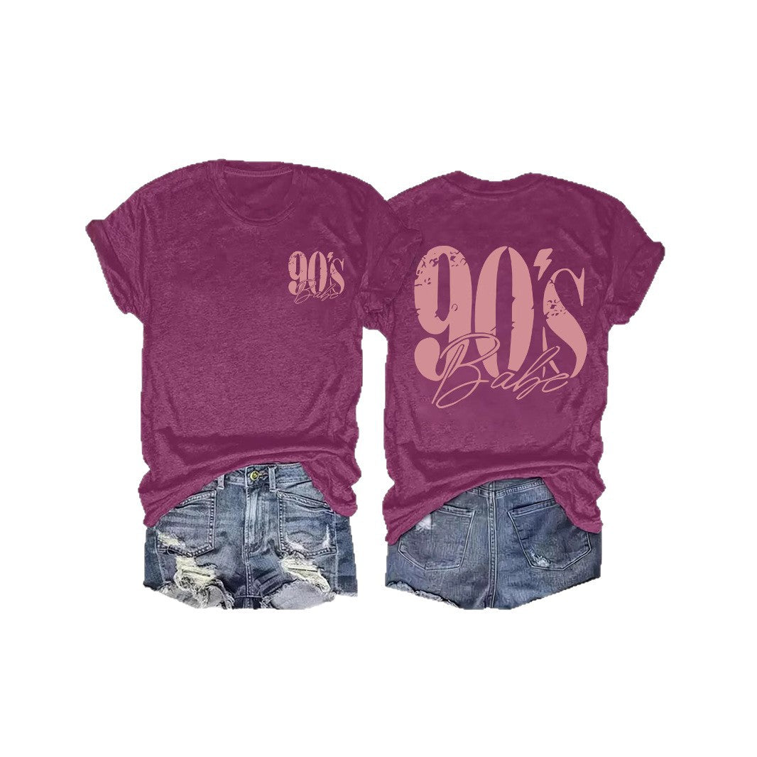 Eenvoudige Stijlvolle Effen Kleur Casual Ronde Hals T-shirt met Bedrukte Jaren 90 Print en Korte Mouwen voor Dames/Meiden & Plus-Size