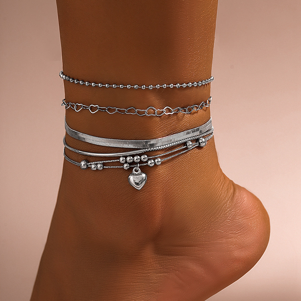 Elegante Retrostijl Metalen Meerlaagse Enkelbanden Set met Diverse Bedeltjes voor Dames