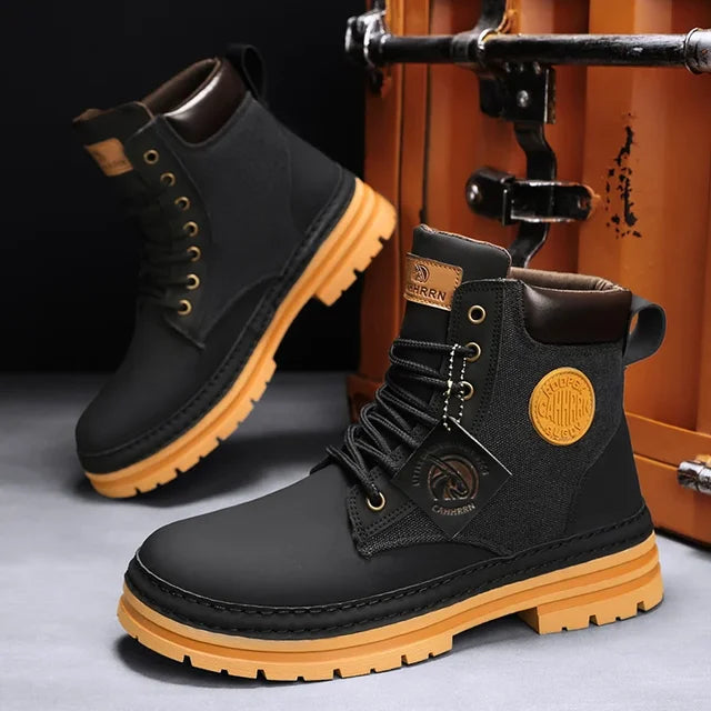 Stijlvolle Casual Business Effen Kleur Outdoor Hoge Workboots van PU-Leer met Patchwork en Dikke Zool