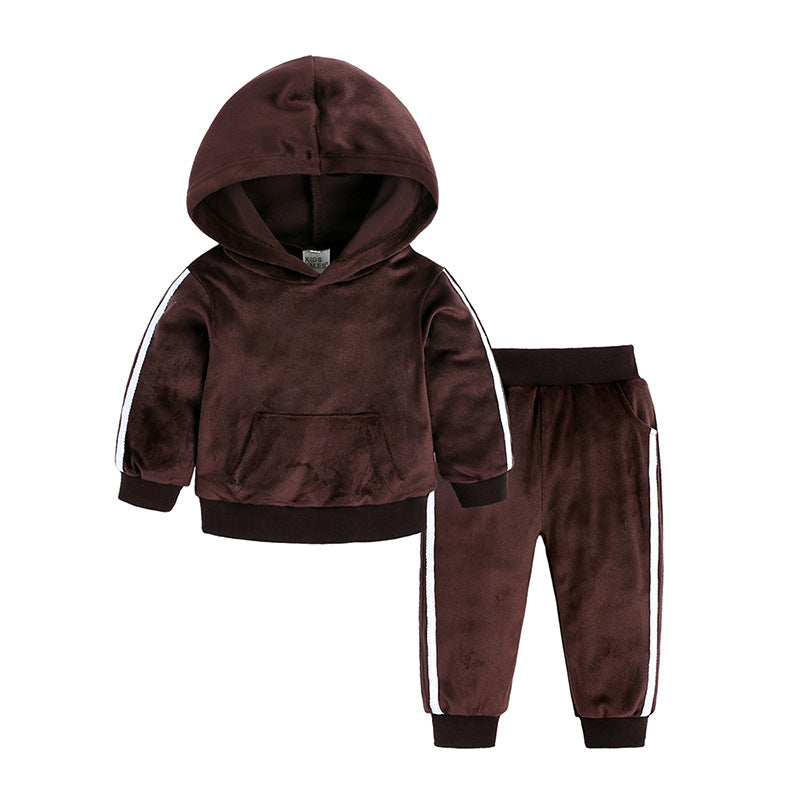 Sportieve Kinderset Casual Effen Kleur Hoodie en Bijpassende Joggingbroek van Fluweel met Gestreepte Patroon en Buidelzak voor Kinderen