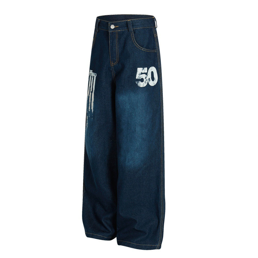 Modieuze Stijlvolle Effen Kleur Bedrukt en Beschilderde Denim Jeans met Wijde Pijpen en Knoopsluiting voor Heren & Jongens