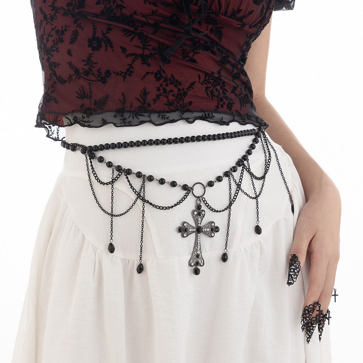 Retro Punkstijl 2-delige Set Gothic Gelaagde Choker/Tailleketting en Bijpassende Gothic Nagelsieraden met Kruis voor Dames