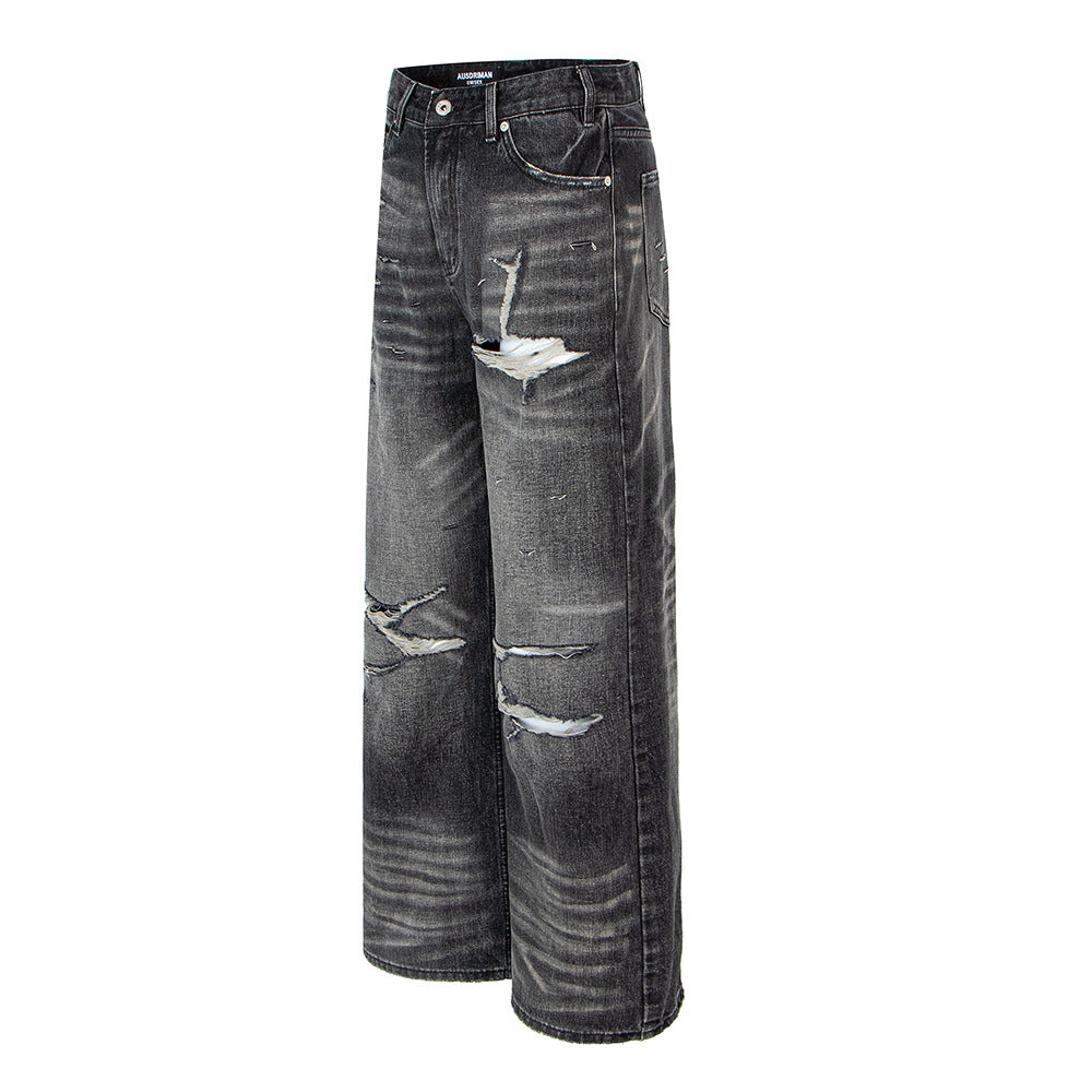 Modieuze Casual Effen Kleur Casual Vintage Washed Ripped Losse Denim Jeans met Rechte Pijpen voor Unisex