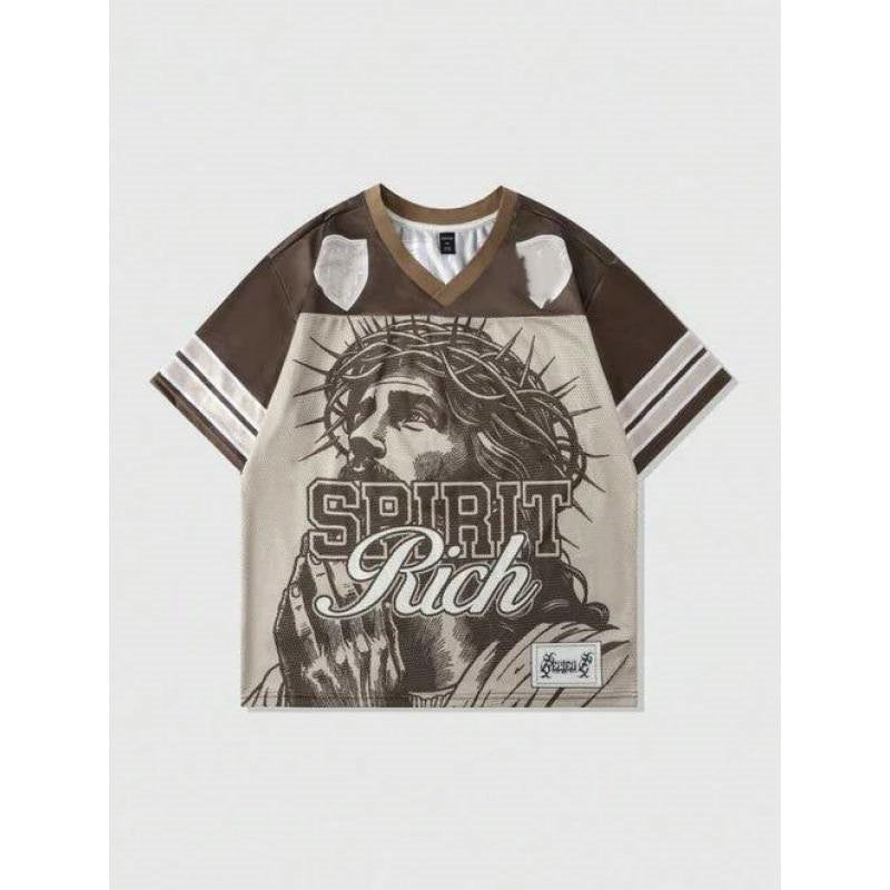 Letter T-shirt  Mesh Amerikaans Streetwear Bedrukte Retro Mesh T-shirt met V-hals en Korte Mouwen voor Kinderen